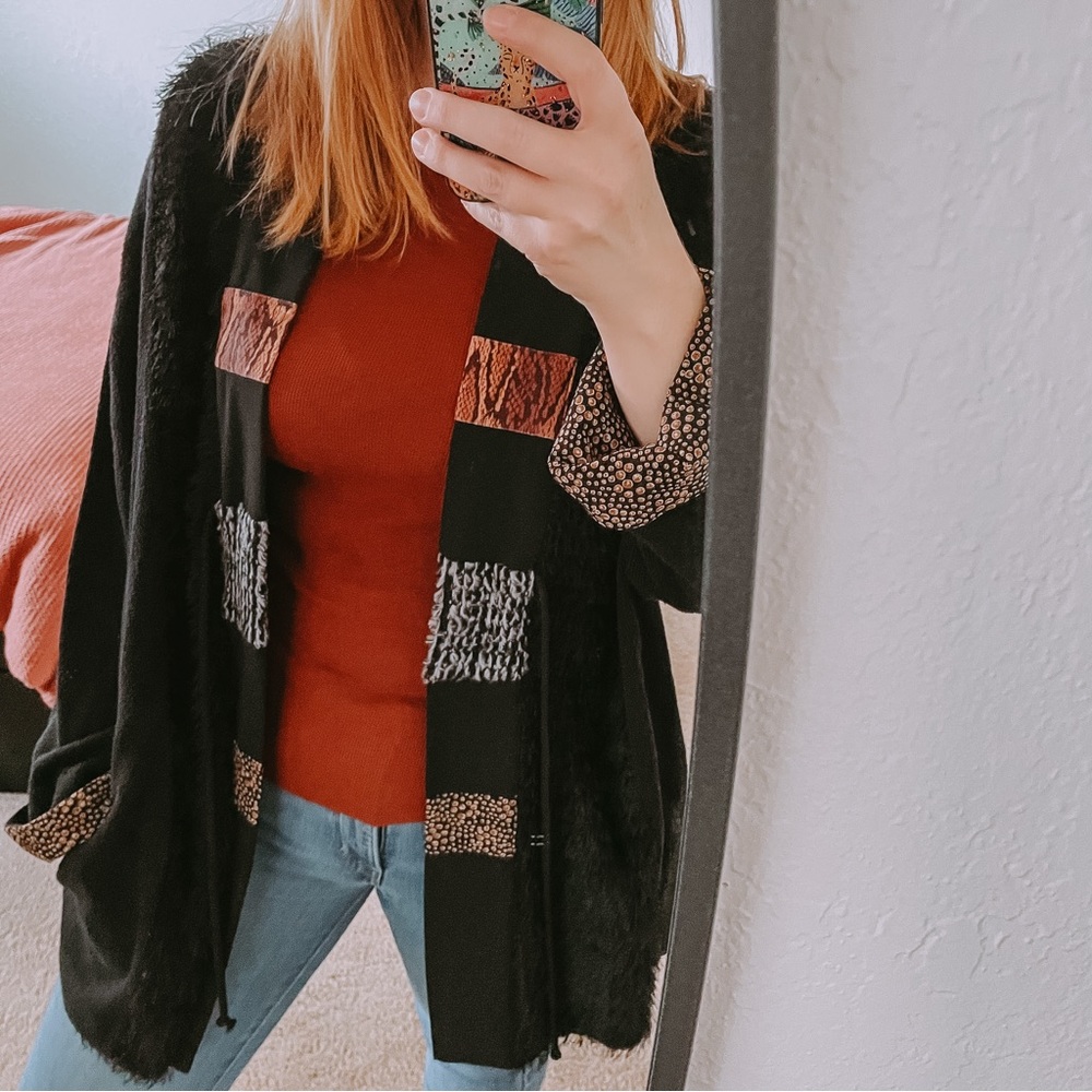 Vintage Nino Wong sweater kimono tie front black Large